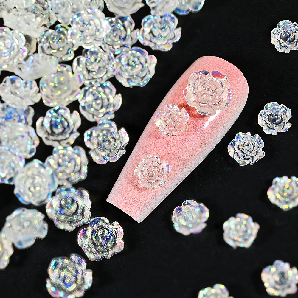 

50PCS 3D White Aurora AB Camellia Flowers Nail Charms Resin Nail Art Rhinestones Decoration Resin Flowers Design Manicure Charms