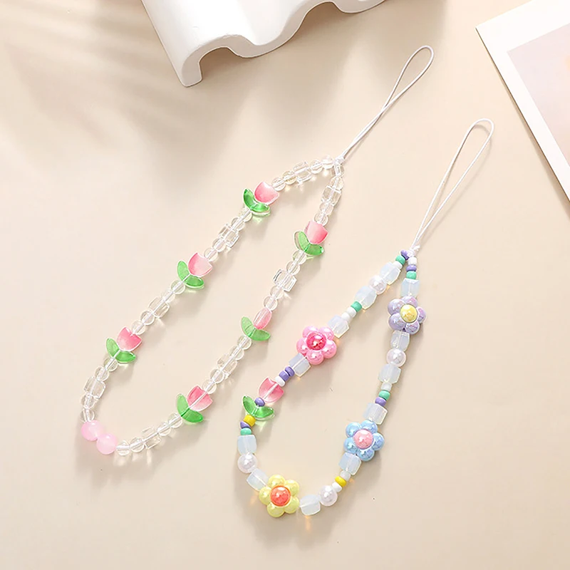 Цепочка для телефона в форме тюльпанов с бусинами