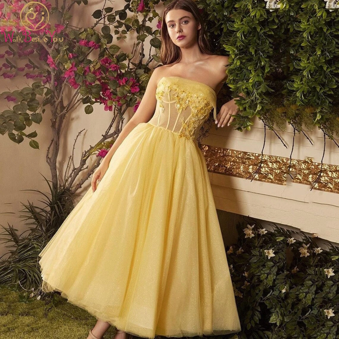 Женское вечернее платье до щиколотки желтое фатиновое с блестками модель 2022 |