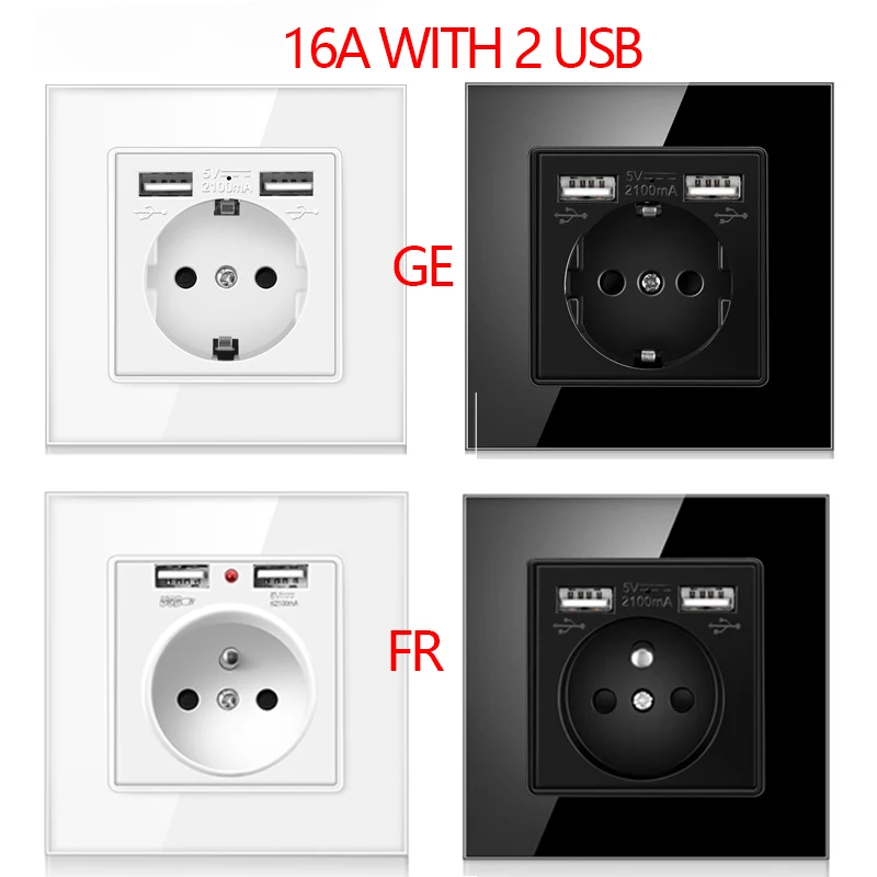 

16A EU FR GER Plug Power Strip 2 USB Port Charger Socket DIN 110V 220V Black White Gold Glass Panel PC Home Wall Flame Sockets