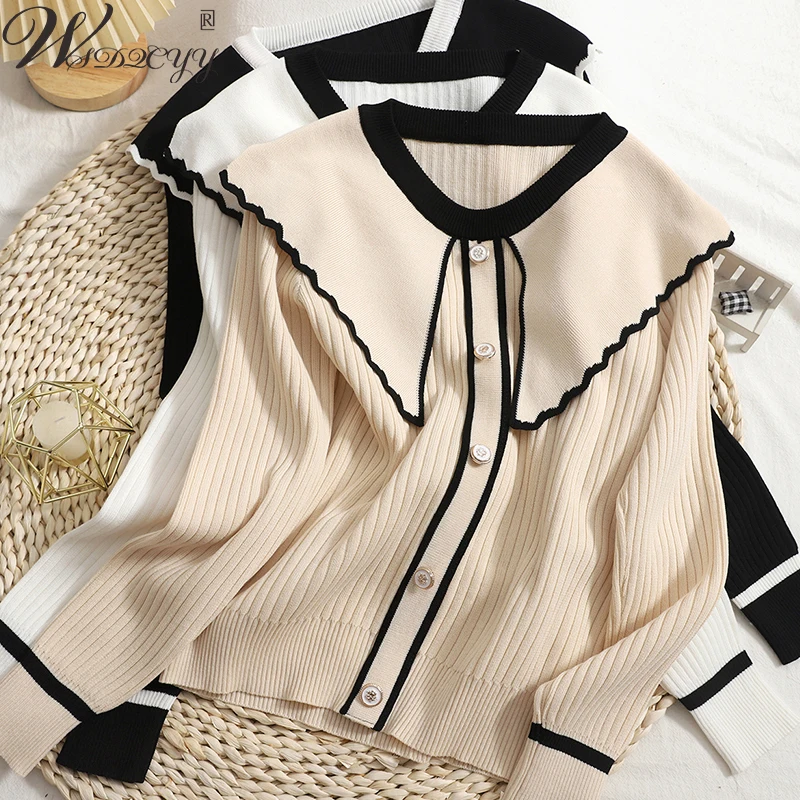 

Women Sweet Round Neck Sweater Korean Fashion Ruffles Knit Long Sleeve Pullover Buttun Patchwork Fall Winter Basic Knitwear Top