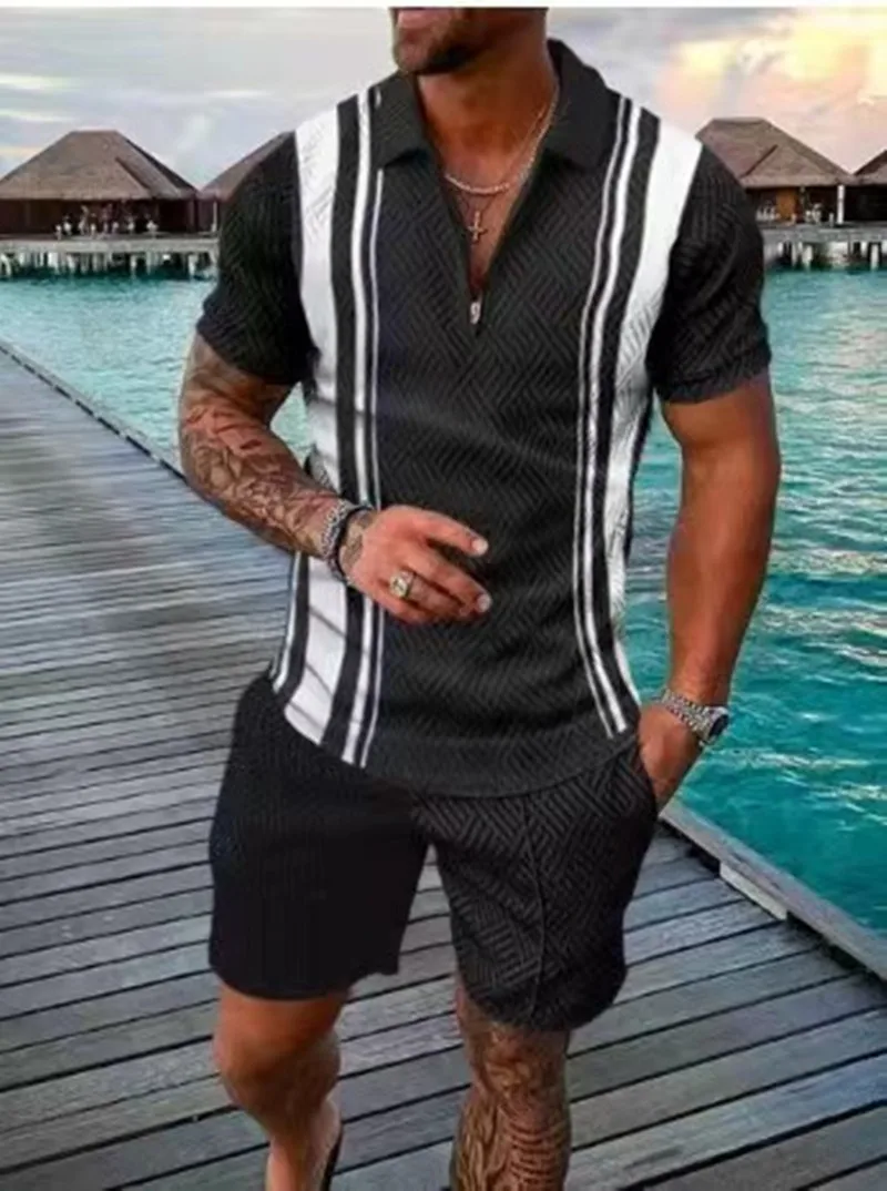 Summer Men's Printed Polo Suit 2-piece Short sleeve + Shorts Casual Sports suit Zipper lapel Printed Polo suit men's S-3XL