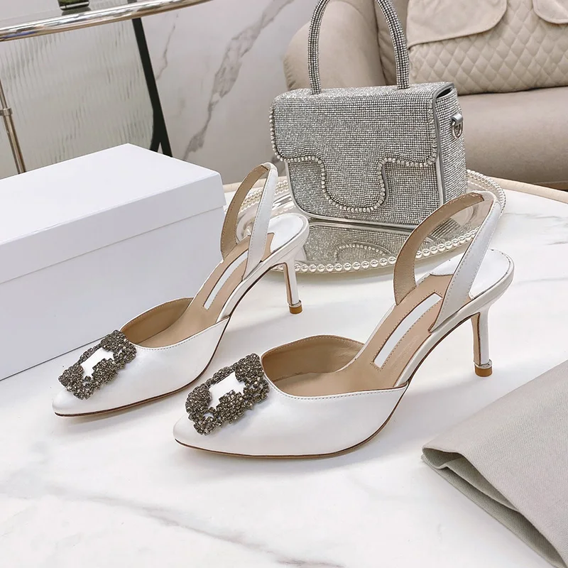 Summer New Women's Shoes Silk and Satin Muller High Heel Shoes Wrapped Head, Thin Heel, Square Button, Water Diamond Slippers