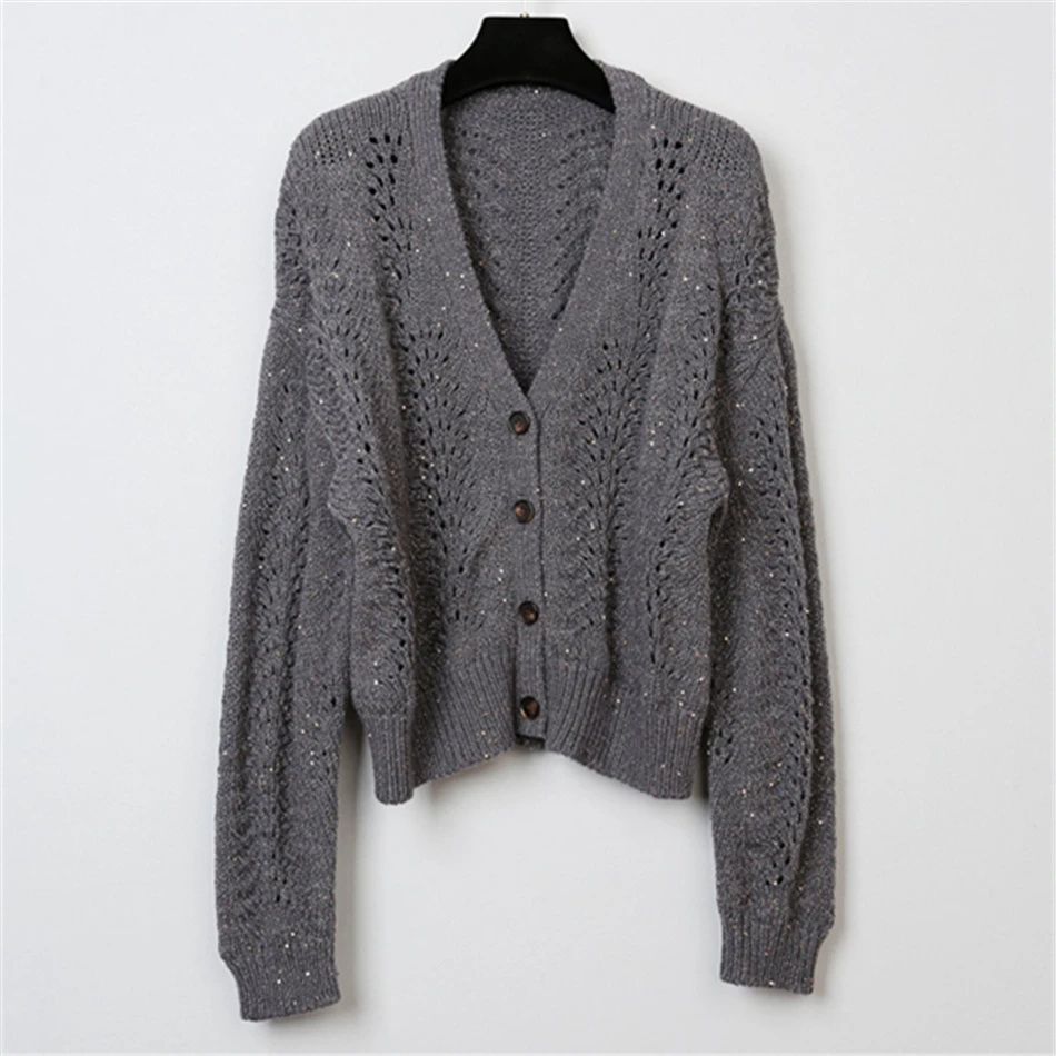 

Женский кашемировый кардиган с блестками, темно-серый вязаный кардиган с длинным рукавом летучая мышь, украшенный блестками, осень 2023