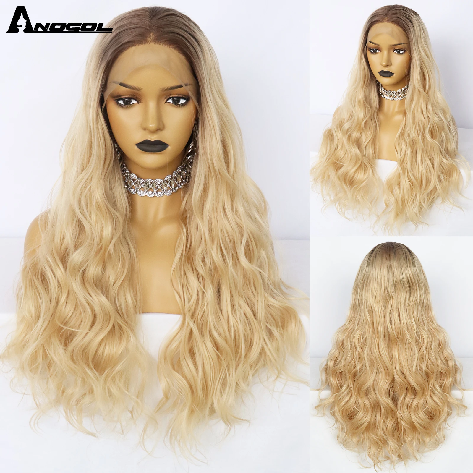 ANOGOL Synthetic Wigs 30INCH T Part Lace Wig Body Wave Ombre Blonde Peruvian Brown Long Wavy Hair for Black Women Brazilians