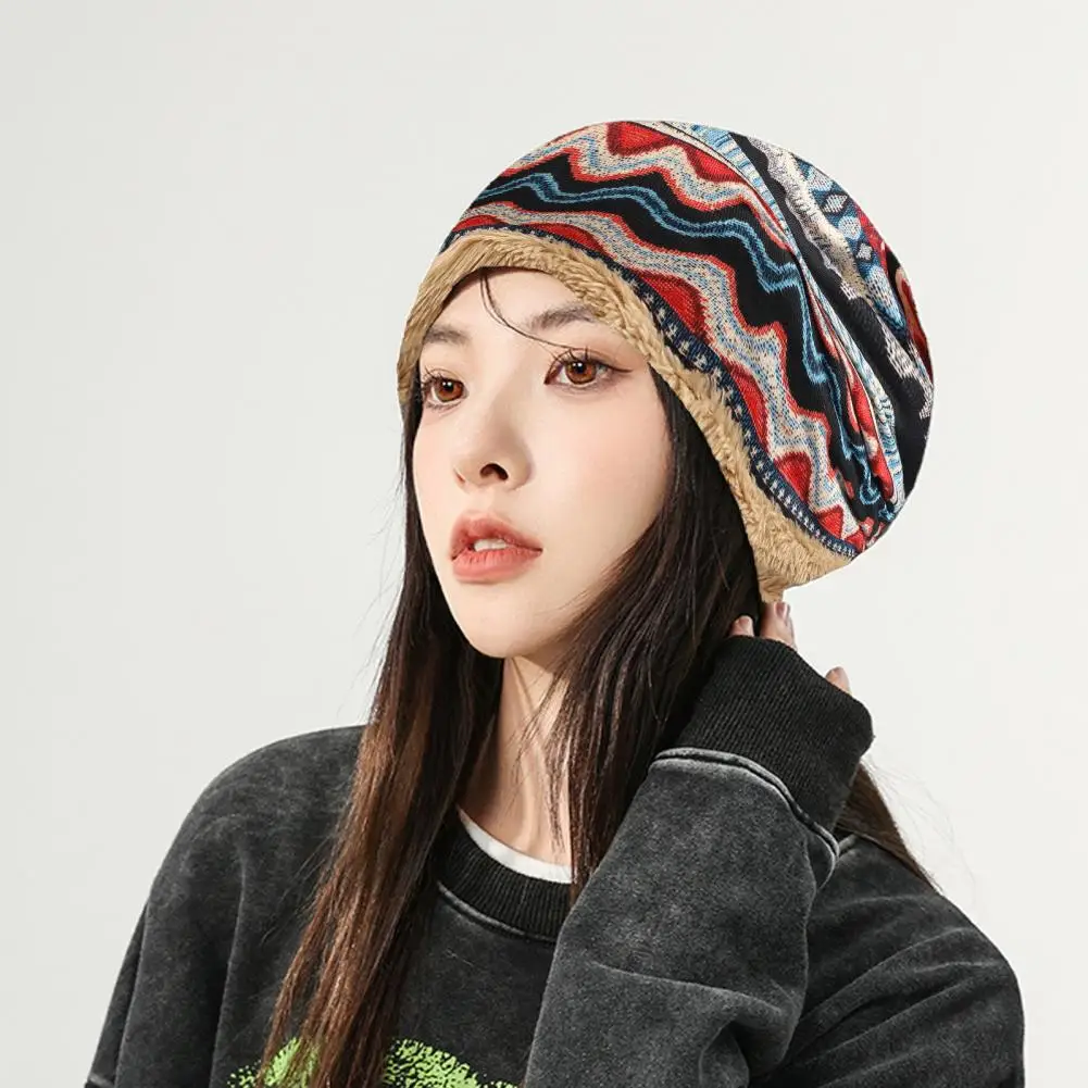

Weather Beanie Hat Retro Striped Color Block Women's Beanie Hat With Thick Fleece Lining Stylish Winter Headwear For Ear