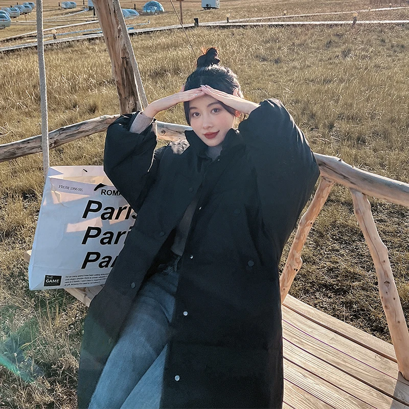 Simple Long Puffer Jacket Korean Teenage Girl Fashion Trends Sweet Streetwear Womens Winter Solid Stand Collar Parkas Thick Coat