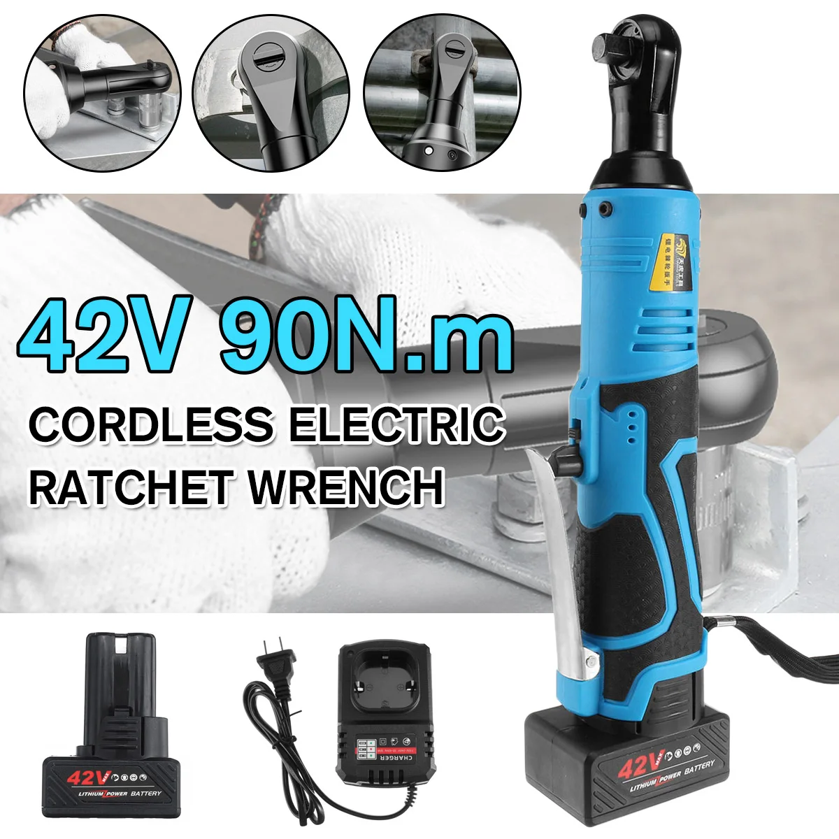 

Electric Wrench 3/8" Cordless Ratchet 42V Rechargeable Scaffolding 90N.m Right Angle Wrench Tool with 1/2 Battery Charger Kit