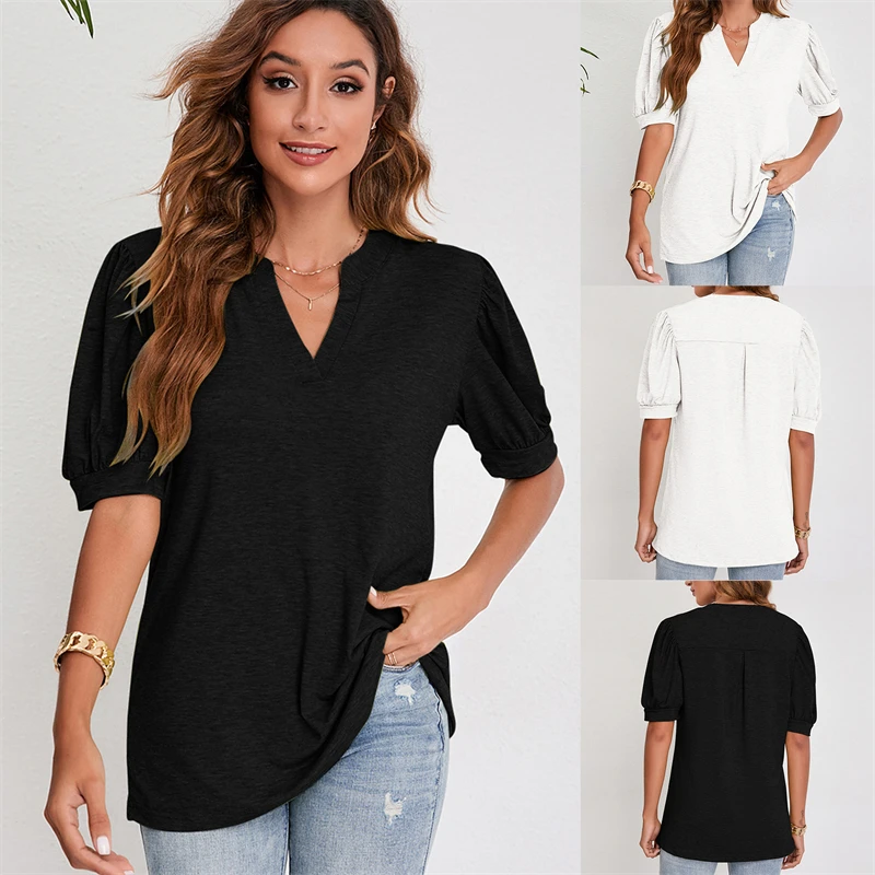 

Women T-Shirt Fashion Summer Simple Tee Casual V-Neck Short Sleeve Tops Ladies Solid Loose Comfortable T-Shirts Ladies Clothing