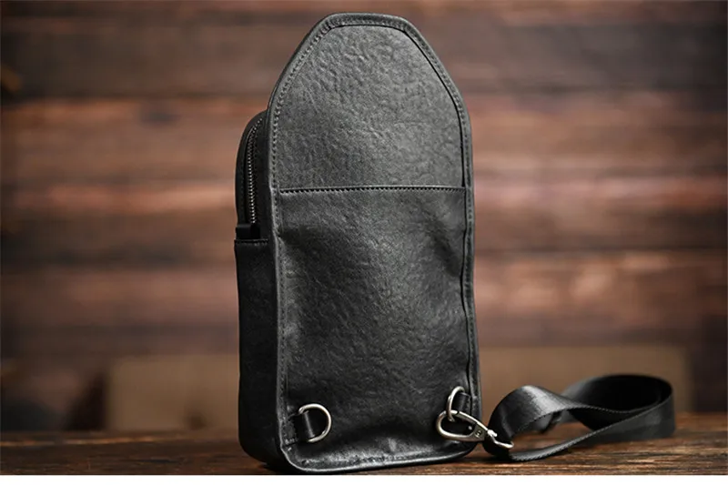 Simple and casual Top layer Cowhide black chest bag  youth daily outdoor sports hand-designed real leather diagonal bag for men