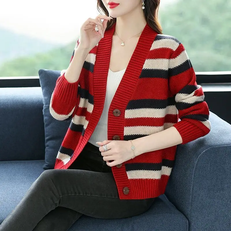 

Женский вязаный свитер в полоску, Свободный кардиган с длинным рукавом, винтажный джемпер в Корейском стиле, модель K110 на осень, 2023