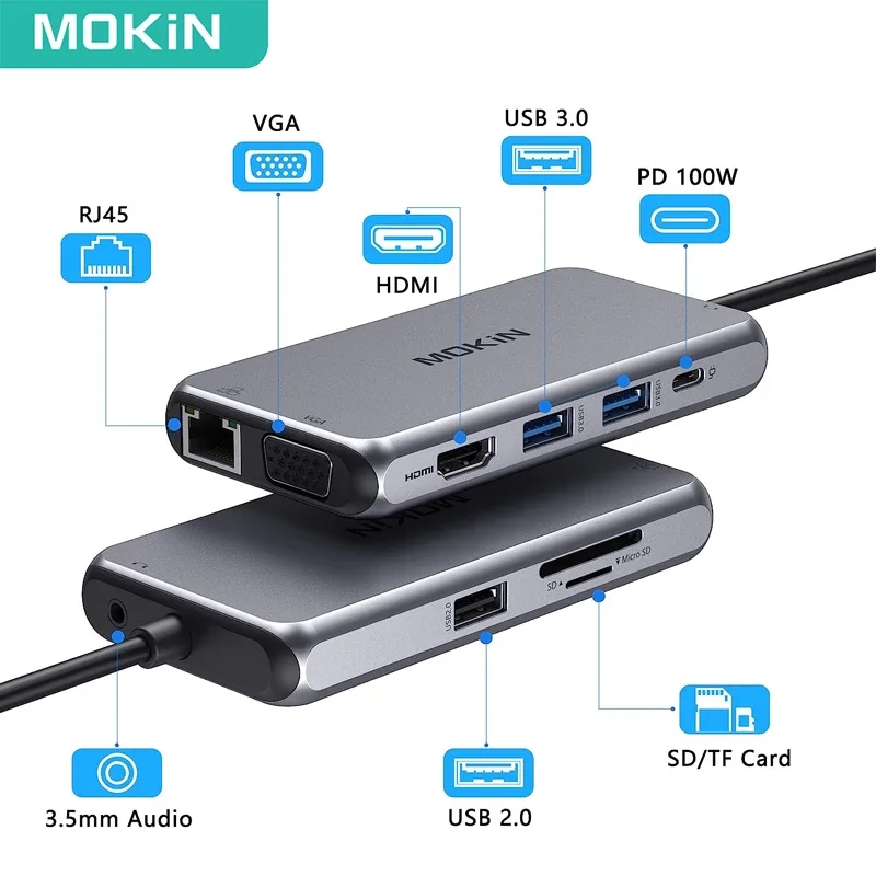 MOKiN 9 в 1 USB-концентратор типа C Многопортовый адаптер HDMI Ethernet VGA PD Порт USB 3.0 HUB SD/TF для