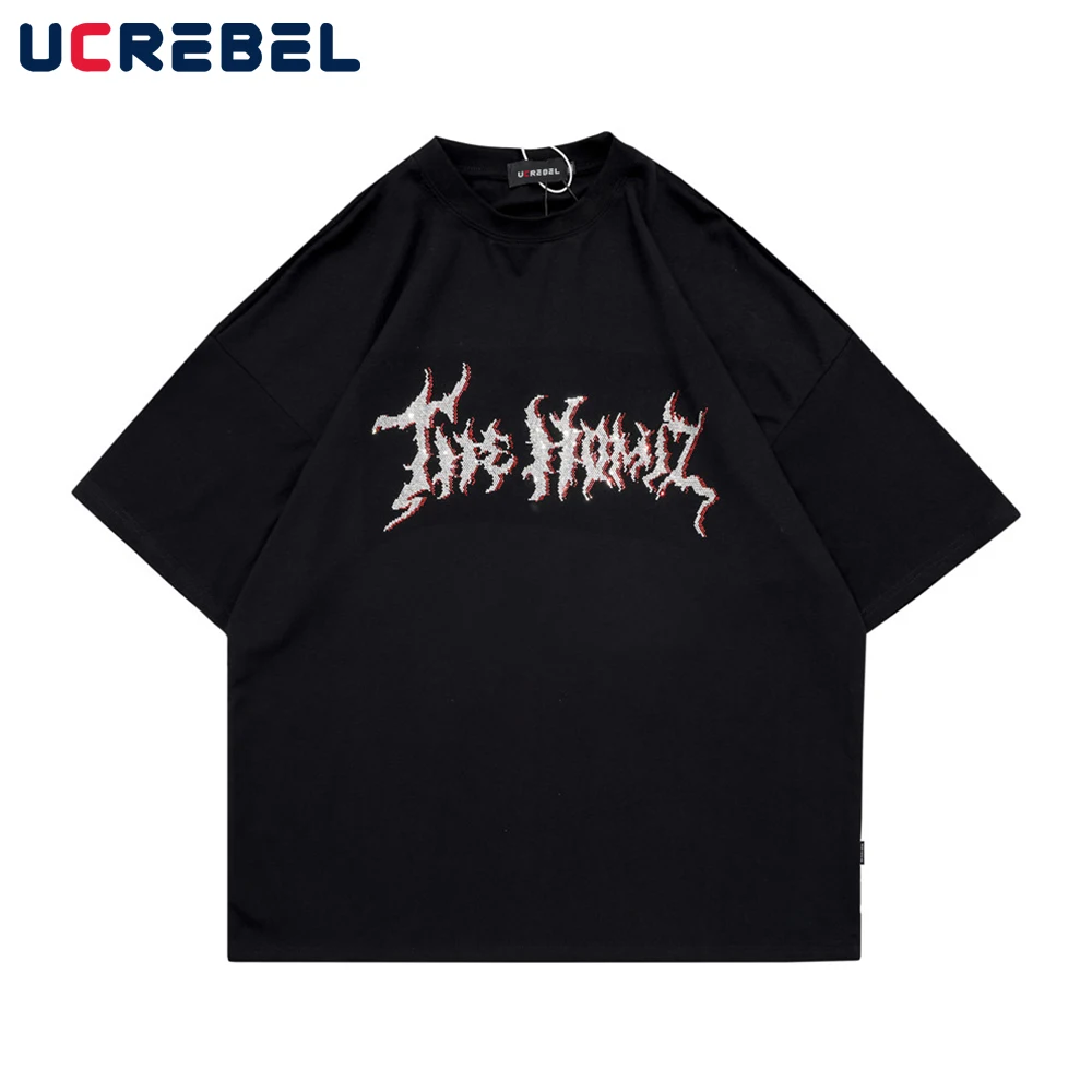 

Letter Rhinestone Short Sleeve T-shirt Mens Streetwear Loose Half-Sleeve Summer Casual Crew Neck Cotton Tee Men