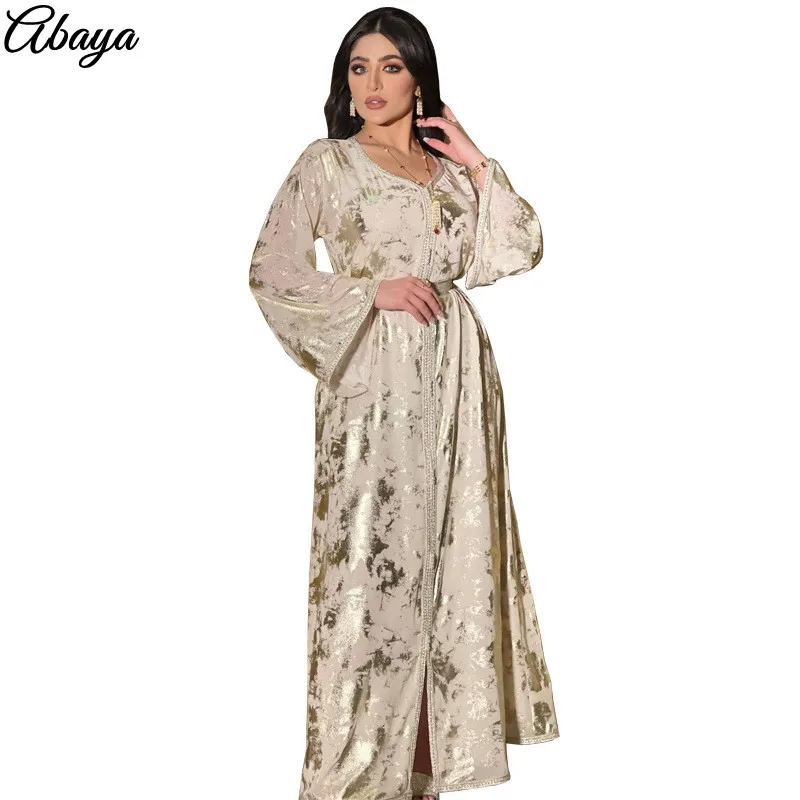 

Middle East Muslim Woman Printing Dress Vintage Long Sleeves Stamping Dubai Arabic Gowns Abaya Caftan Marocain Femme