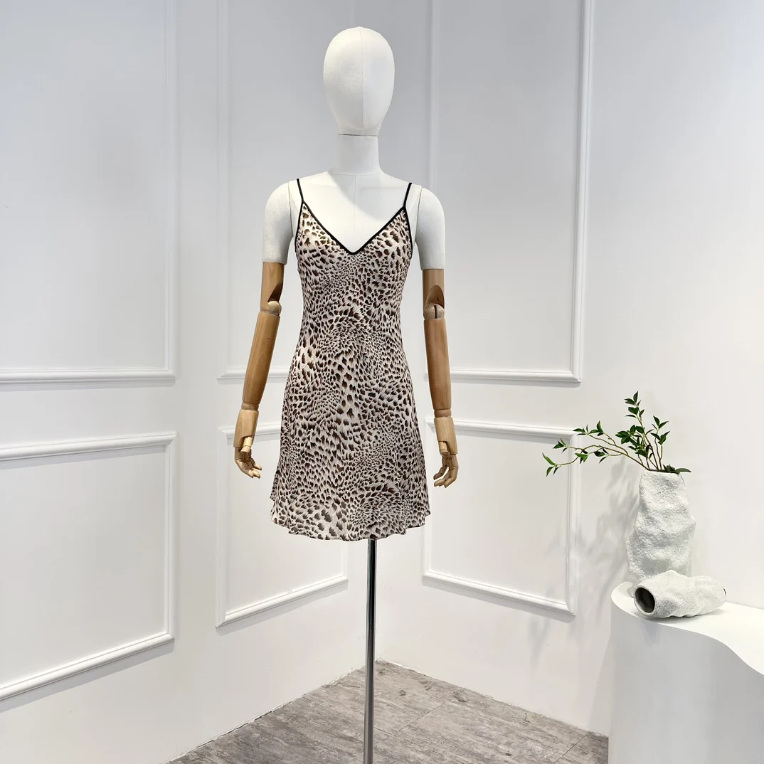 High Quality 2023 New Arrival Summer Party Sexy Silk Leopard Sleeveless Spaghetti Strap Bodycon Woman Mini Dress
