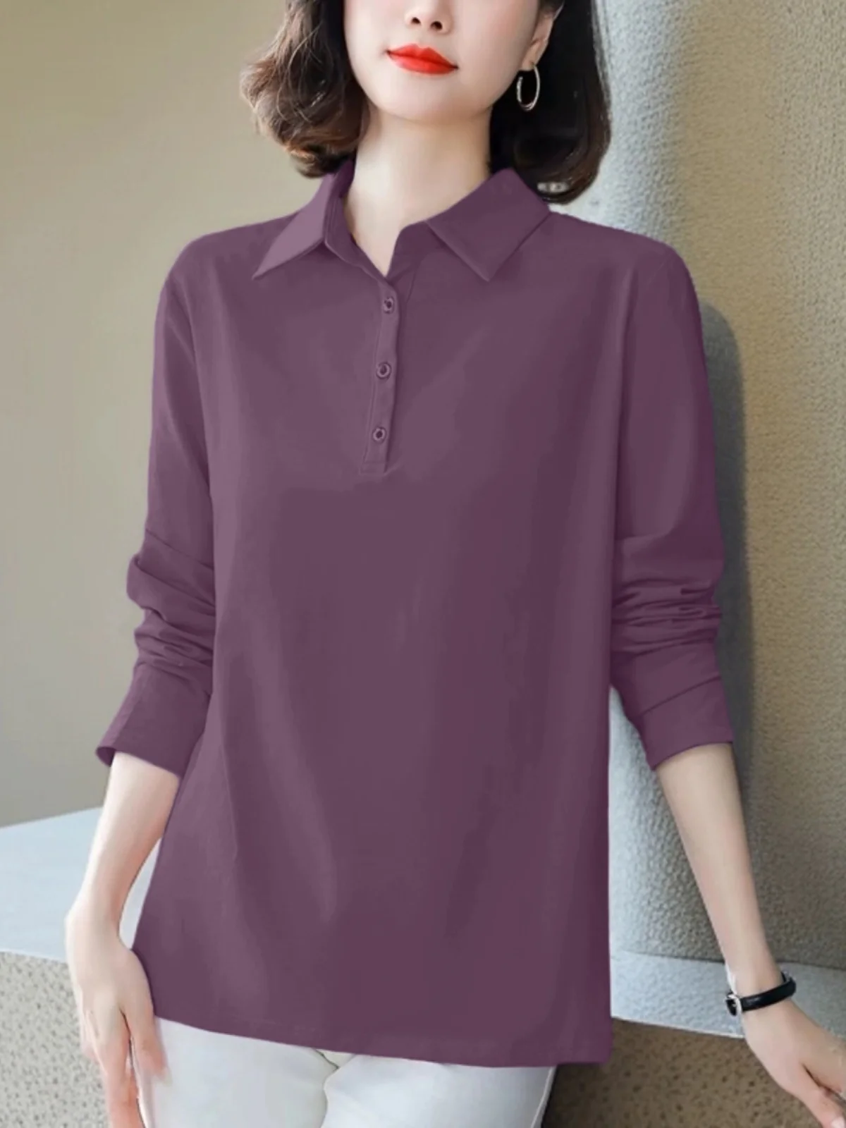 Женская футболка из чистого хлопка с лацканами и длинными рукавами осенняя