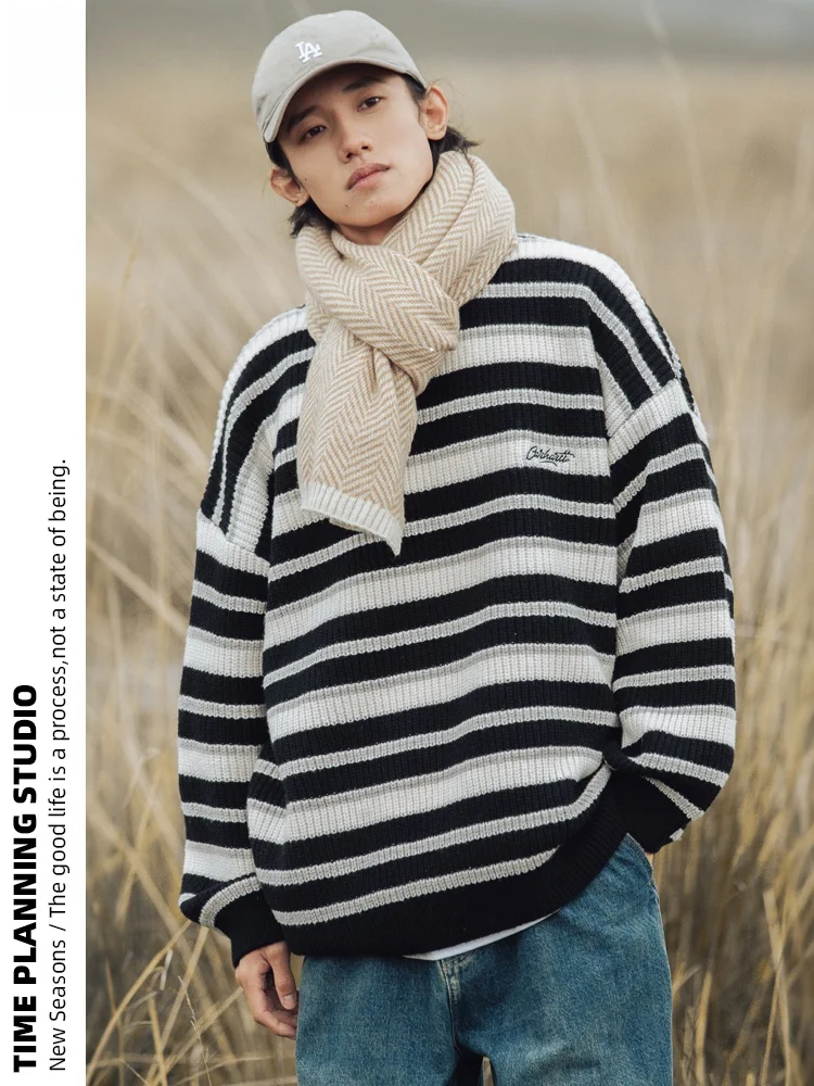 План времени винтажный контрастный цвет толстый полосатый свитер мужской