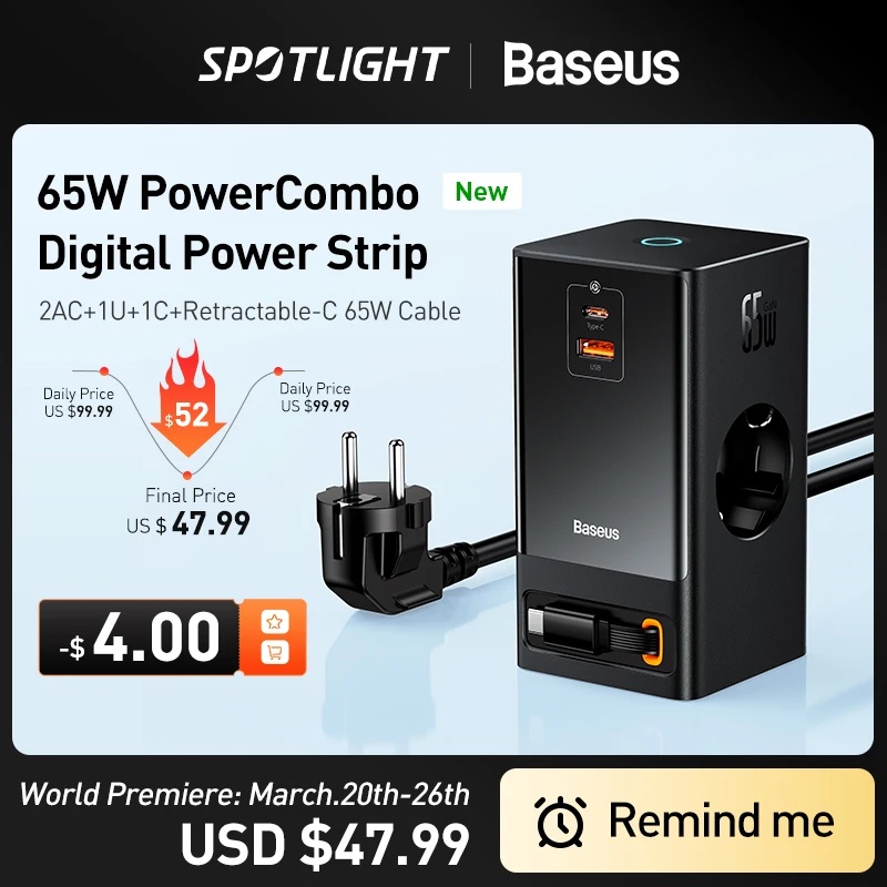 Сетевое зарядное устройство Baseus, 65 Вт, Выдвижной Сетевой фильтр - купить по выгодной цене - Best of Baseus