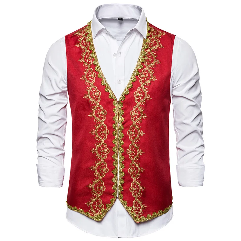 

Costume Gilet Baroque Stylish Red Vest Slim Opera Prom Palace Men Embroidery Gold Prince Vests Fit Waistcoat Men Drama Stage