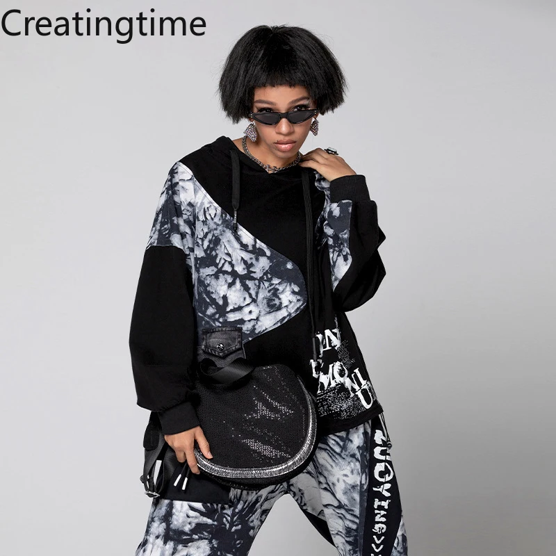 

Creatingtime 2022 Spring New Fashion Trend Pullover Women's Round Neck Long Sleeve Printing Pocket Patchwork Sweater GA510