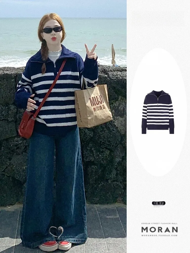 Американский пуловер на молнии с полуоткрытым воротником в полоску свитер 2024