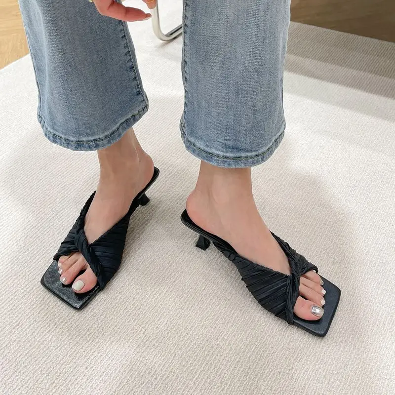 

Summer Square Toe Women Sandals Fashion Thin High Heel Ladies Mules Elegant Female Outside Slides Shoes
