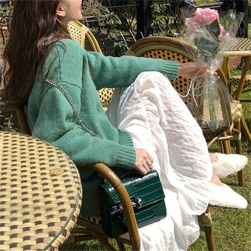

Solid Color Pullover Loose Fashion Blue Women sweater 2023 New Autumn Winter O-Neck Soft Glutinous Sweater Top Female