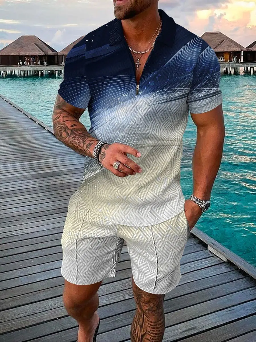 Summer Men Short-sleeved Polo Shirt Beach Shorts 3D Printed Zip-Collar Sports 2-piece Set High Quality Casual Fashion Polo Shirt