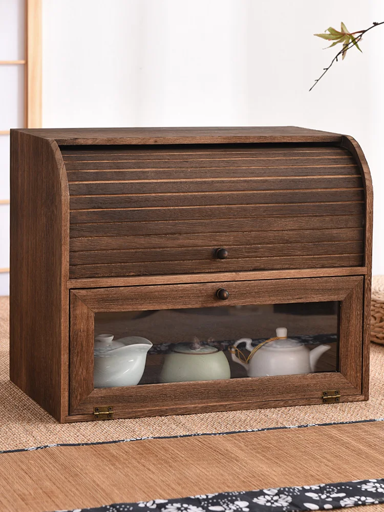 Solid Wood Dust-Proof Double-Layer Teapot Desktop Tea Cup Rack Storage Box Cosmetic Stationery Bread Snack Storage Cabinet