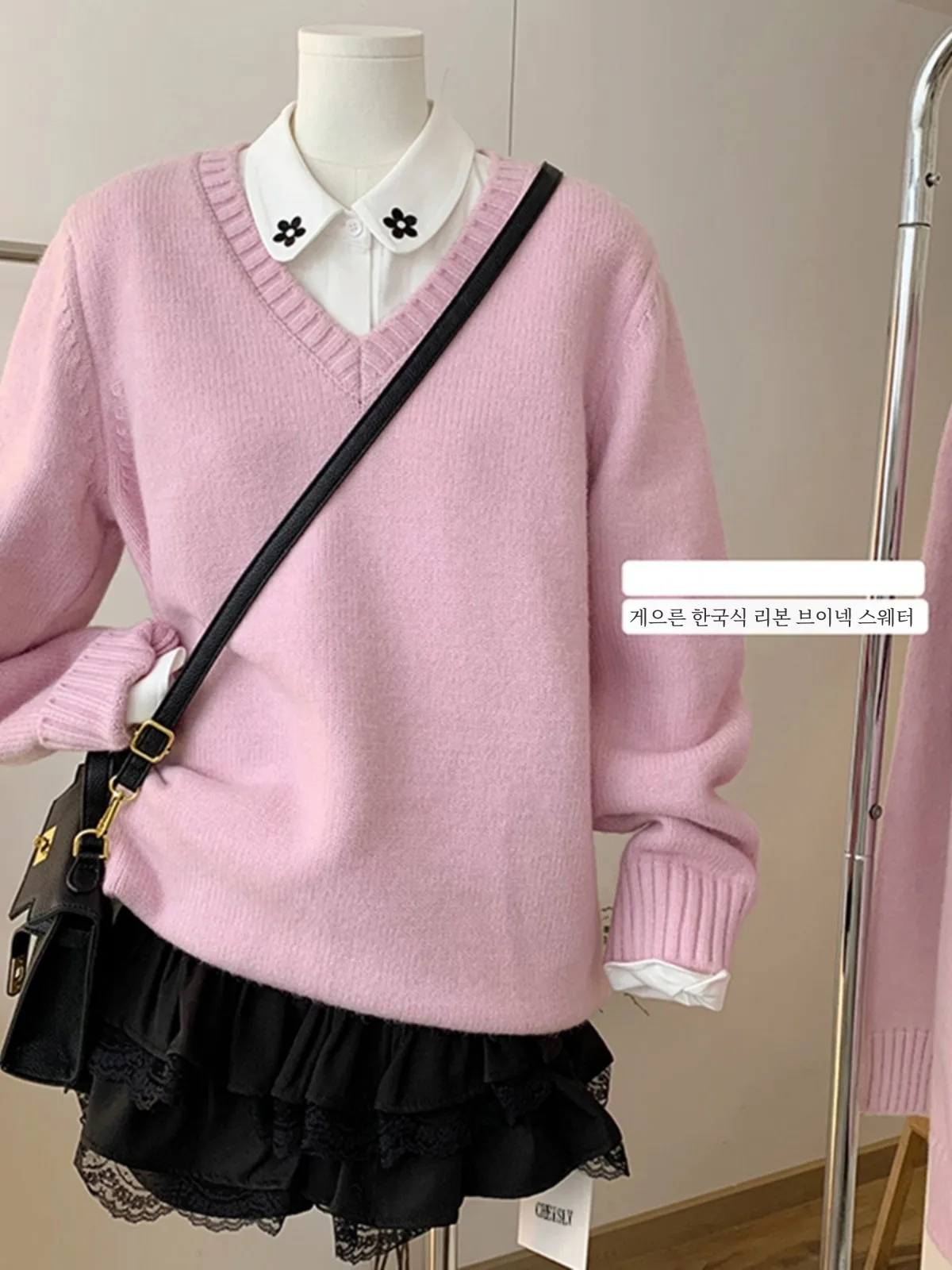 Duolaimei осень-зима 2024 свитер корейской серии с v-образным вырезом и бантом пуловер