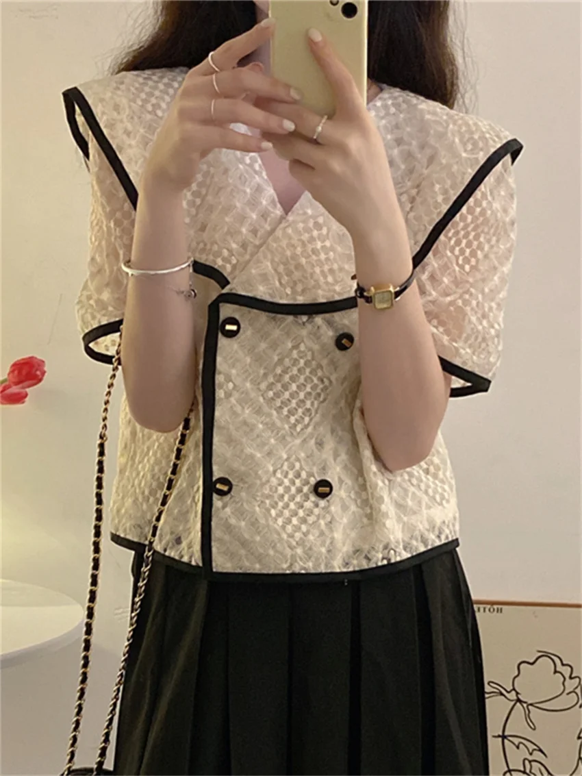 

HziriP Korea Loose All Match Shirts Lace Women Patchwork 2022 Short Sleeve Summer Elegant New Slim Office Lady Hot Work Wear