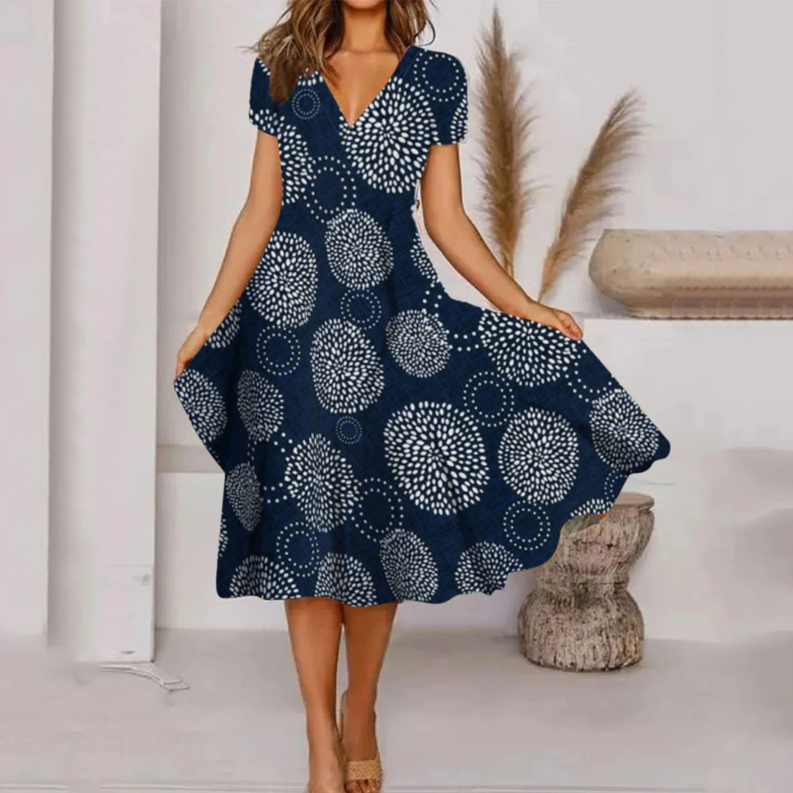 

Women Casual V Neck Short Sleeve Midi Dress Bohemian Retro Floral Printing Loose Dresses Wrap Dresses for Women Casual Summer