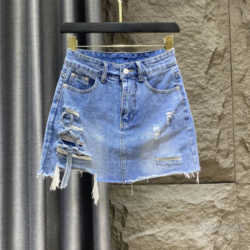 Ripped Lace-up Blue Washed Denim Skirt Femme 2022 Summer New Anti-Exposure Package Hip Nancylim