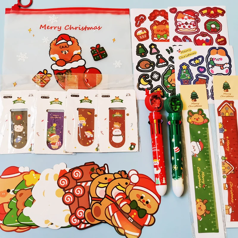 25PCS kawaii Stationery Kit Merry Christmas Gifts Holiday Festival Kids Present Cartoon Bunny Bear Bookmarks Stickers Gel Pens