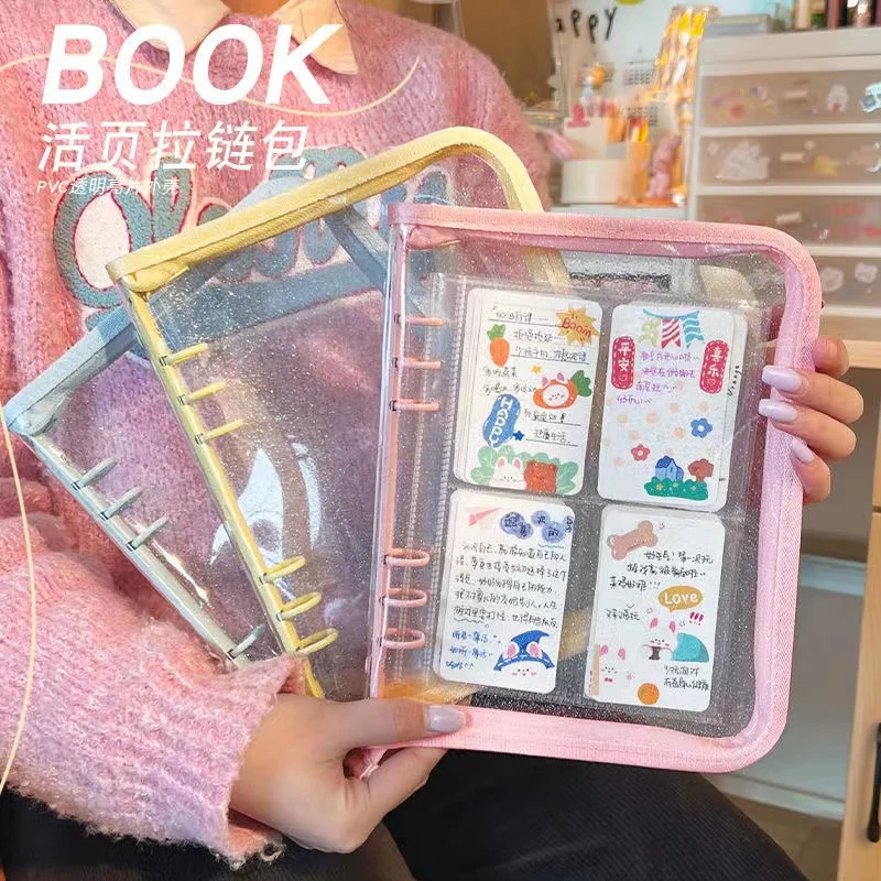 

A5 Zipper Binder Cover-Loose Leaf Organizer Diary-Bullet Transparent PVC Case Photo Organizer Stationery Supplies With 25PCS