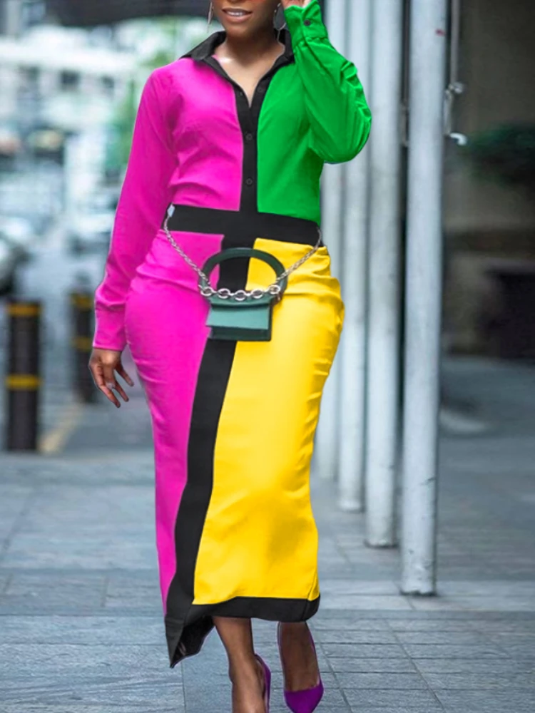 

Women Dress Patchwork Turn Down Collar Long Sleeves Elegant Slim Autumn Fashion Office Ladies Classy New Contrast Color Gown New