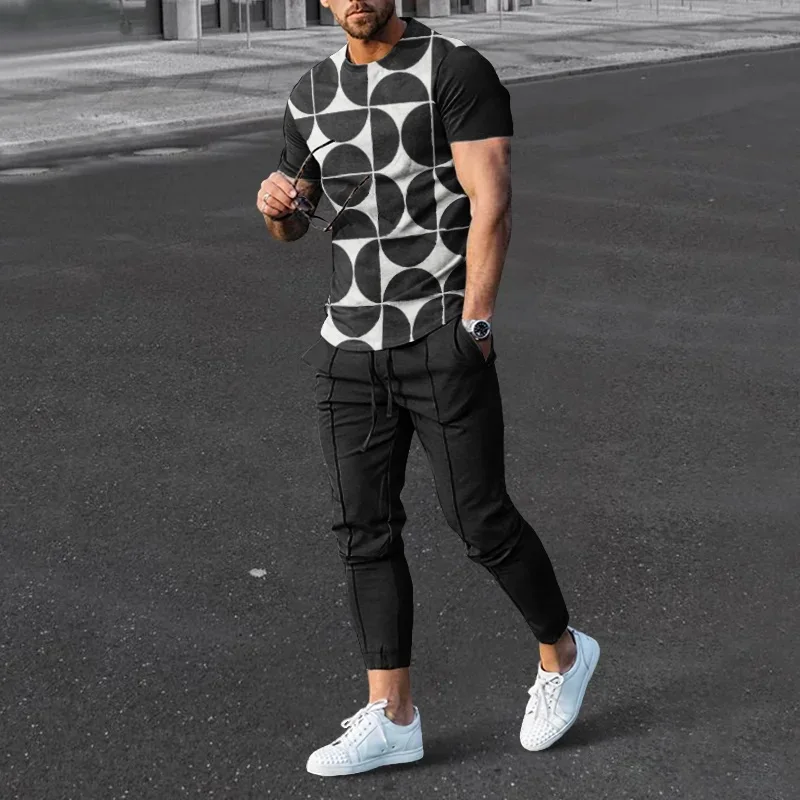 Summer Men's T-shirt Long Pants Tracksuit Geometry 3D Print T Shirts Trousers Set 2 Pieces Streetwear Oversized Suits Sportswear