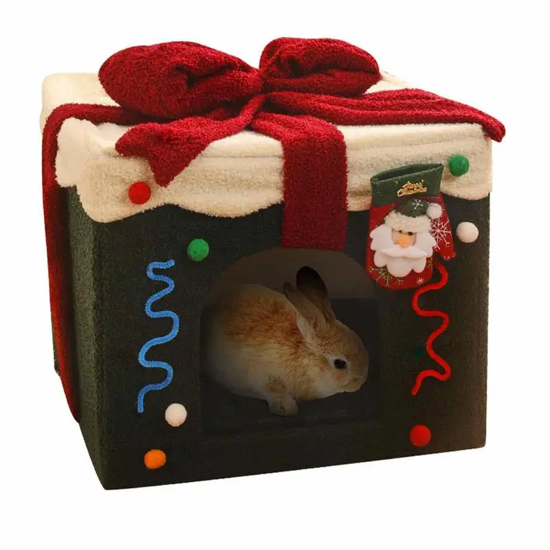 

Christmas Cat Cave Bed Soft Christmas Gift Box Cat Bed Self-Warming Comfortable Square Pet Cave For Christmas Dogs In Winter