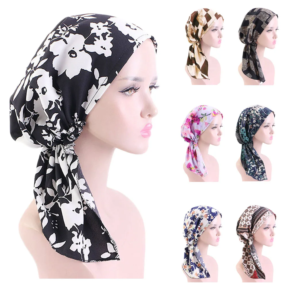 

Women Muslim Pre-Tied Head Wrap Islamic Ladies Hijab Headscarf Flower Print Turban Hair Loss Cover Hat Cancer Chemo Caps Bandana