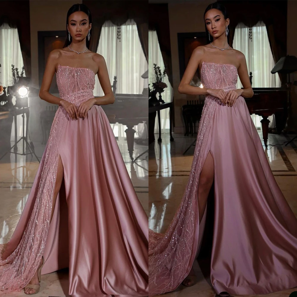 

Pink Strapless Mermaid Evening Dresses Diamond Custom Made Sexy Side Split Long Prom Gowns robes de