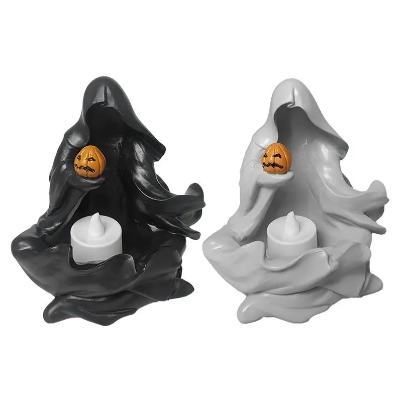 

Halloween Decoration Flameless Candle Black Or White Grim Reaper Resin Statue With Pumpkin Spooky Party Supplies Home Lamp