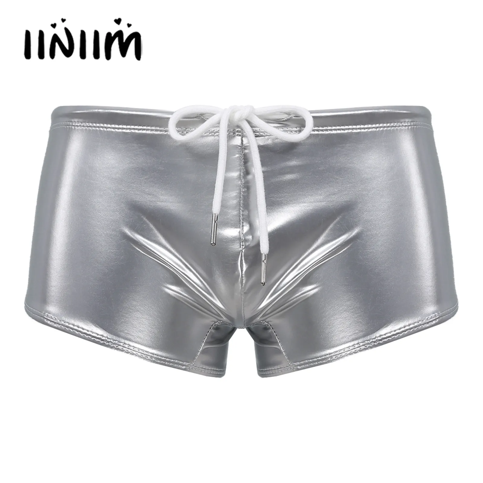 

Swimwear Mens Low Rise Drawstring Boxer Shorts Rave Party Clubwear Male Beachwear Wet Look Patent Leather Male Swimming Trunks