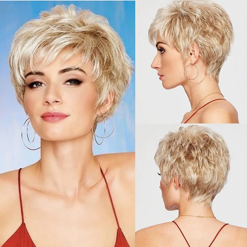 JOY&BEAUTY Hair Short Synthetic Dark roots for Women Hair Natural Blonde Wigs With Bangs for Daily