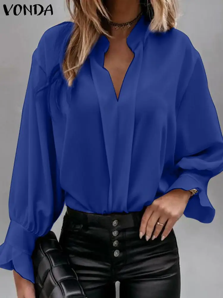 

VONDA Women Fashion Blouses 2023 Autumn Long Sleeve Shirts Casual Loose Solid Color V-neck Elegant Office Blusas Tunic Top Femme