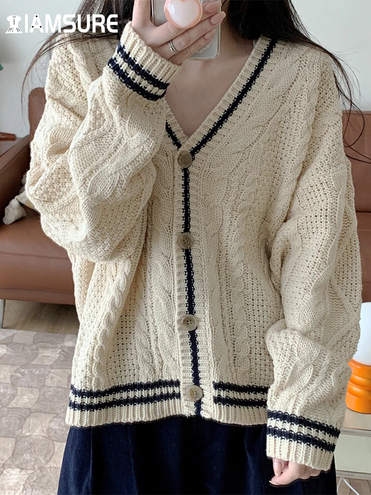 

IAMSURE Preppy Style Striped Knitted Cardigans Casual Loose V-Neck Long Sleeve Sweaters Women 2022 Autumn Winter Streetwear