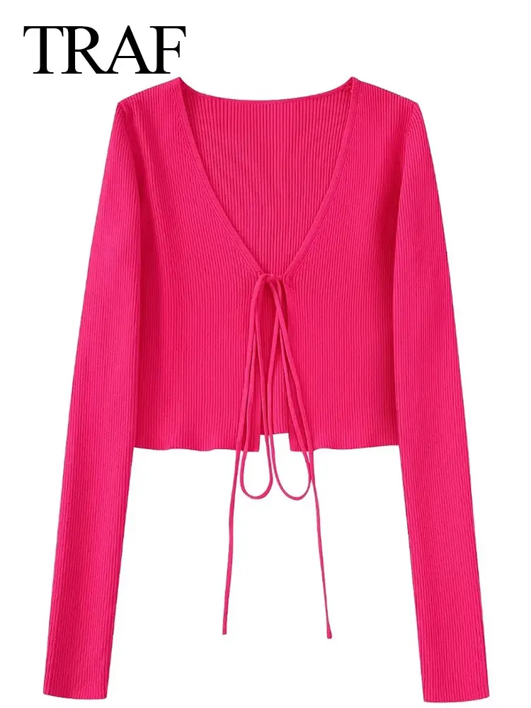 

Женский трикотажный кардиган TRAF, розово-красный Эластичный Однотонный свитер на завязках, привлекательный короткий топ