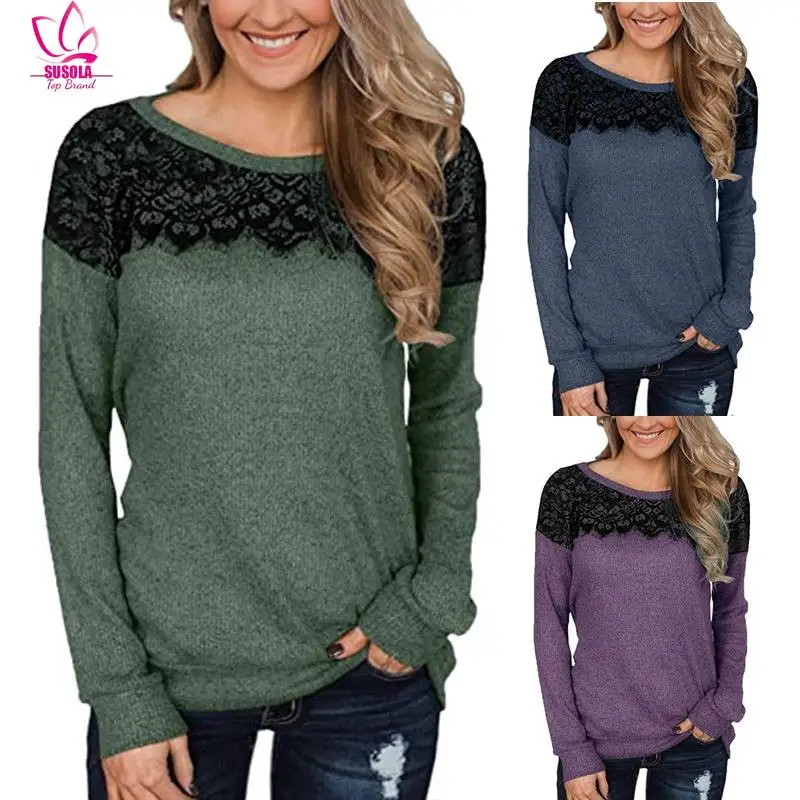 

SUSOLA Fashionable Women's Lace Patchwork Solid Color O Neck Long-Sleeve T-shirt 2023 y2k