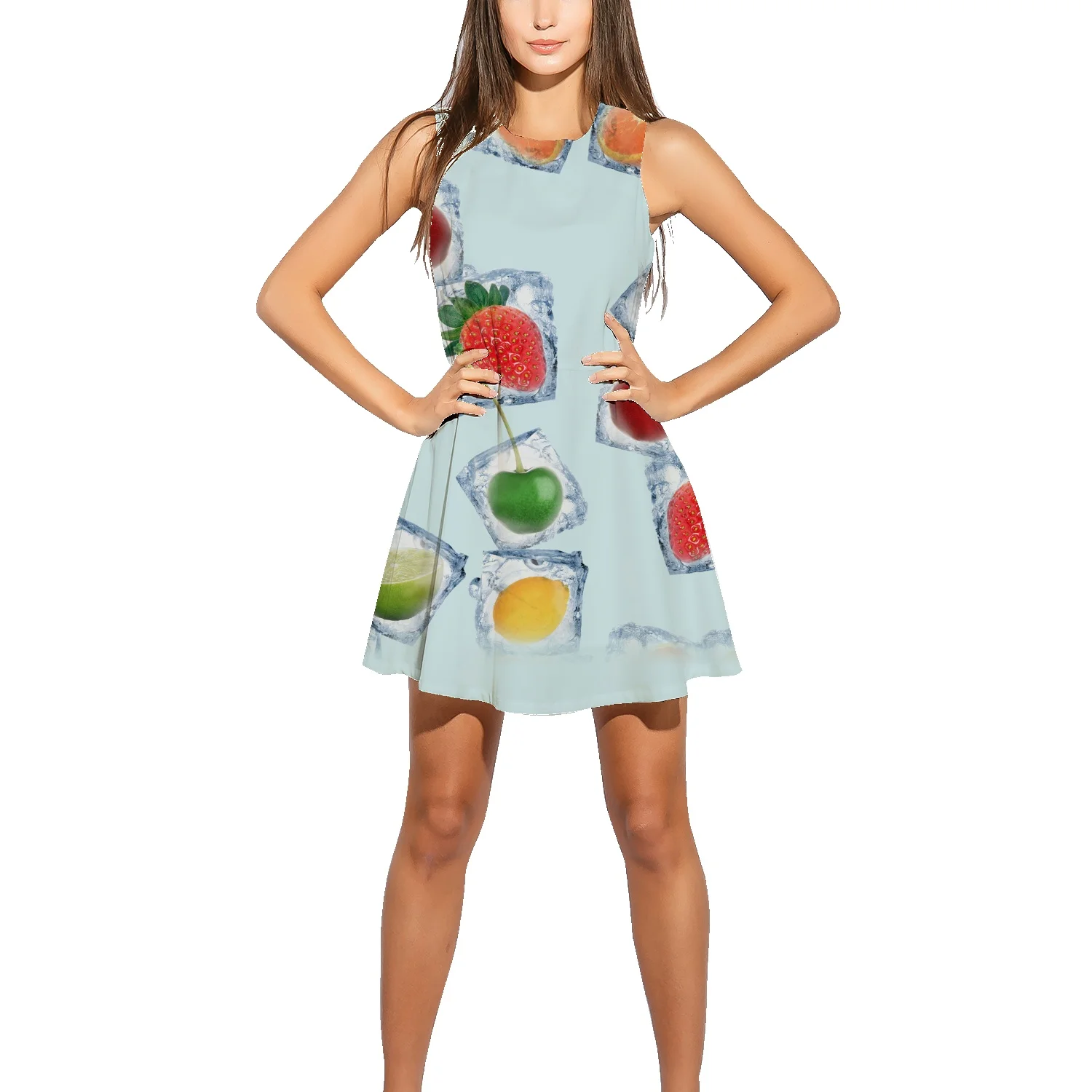 

Летнее платье с клубничным принтом, новинка, облегающая юбка-жилет, прямая трапециевидная юбка с изображением свежих фруктов