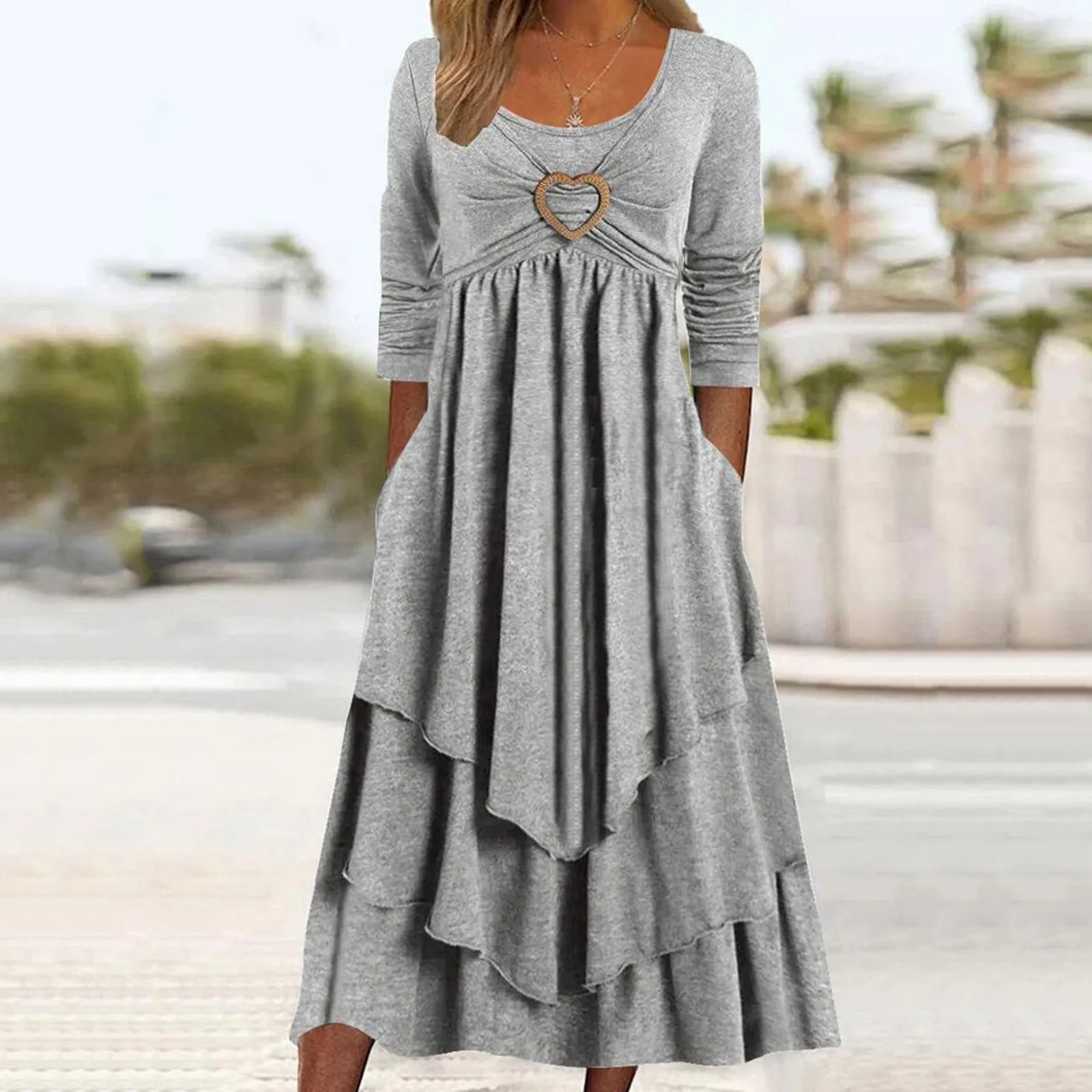 Summer Dress Women's Casual Loose Dress Women's Long Sleeve Dress Casual Crewneck Loose Flowy Ruched Dresses Robe Mujer
