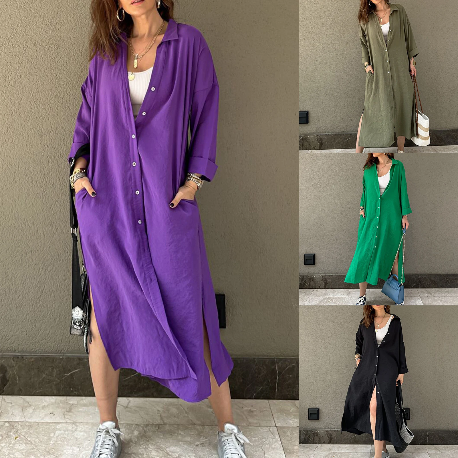 

2023 Womens V Neck Casual Short Sleeve Button Down Dress Side Split Long Kimonos Cardigans Swimsuit Cover Ups Beach Dress